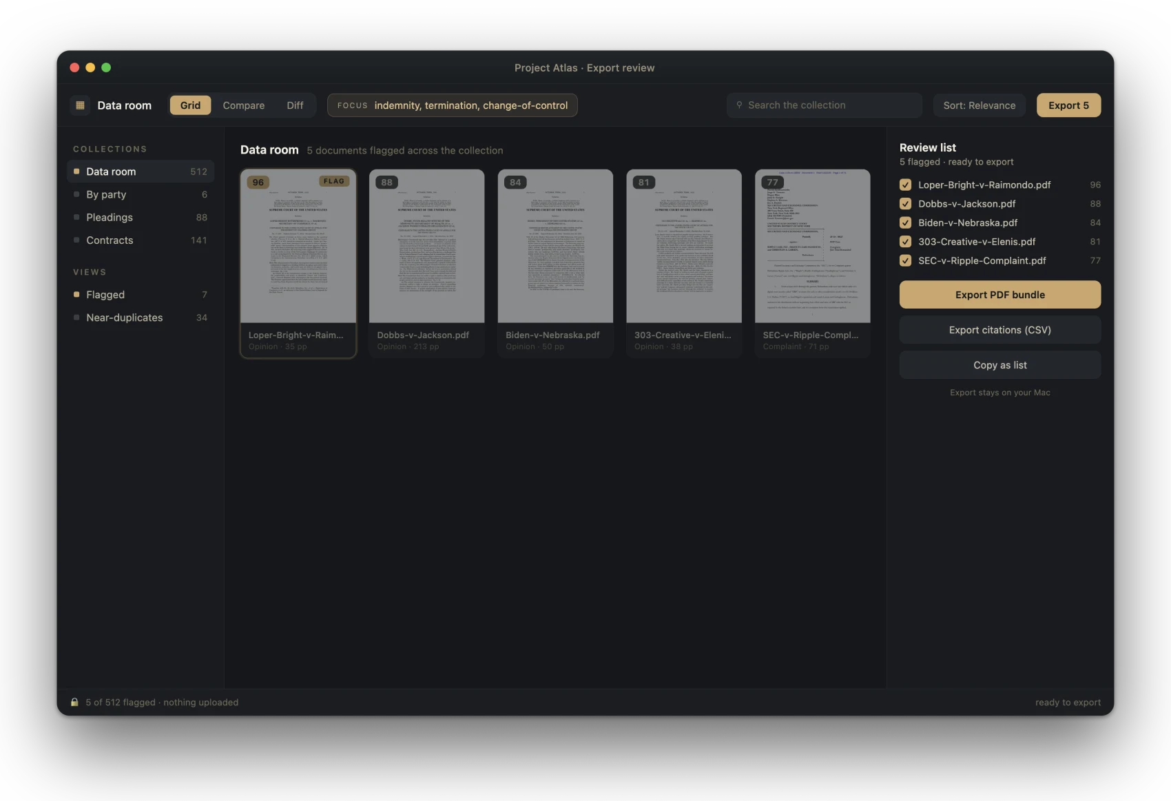 PageHawk export panel: a review list of flagged documents ready to export as a PDF bundle or citations.