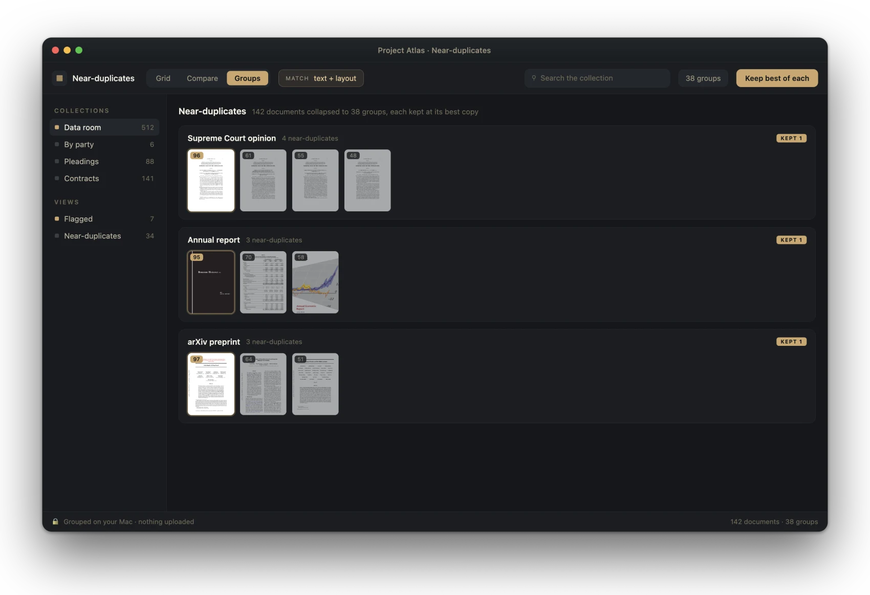 PageHawk grouping near-duplicate documents into stacks, the best copy of each marked.
