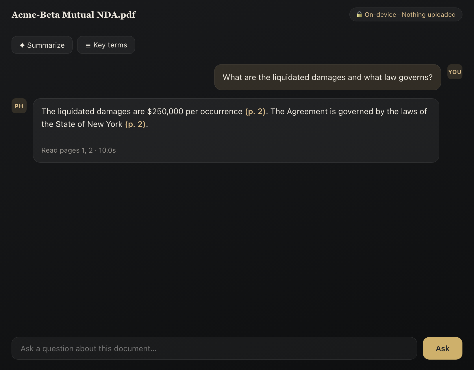 PageHawk's Ask panel answering a question about a document with page citations, generated on device.